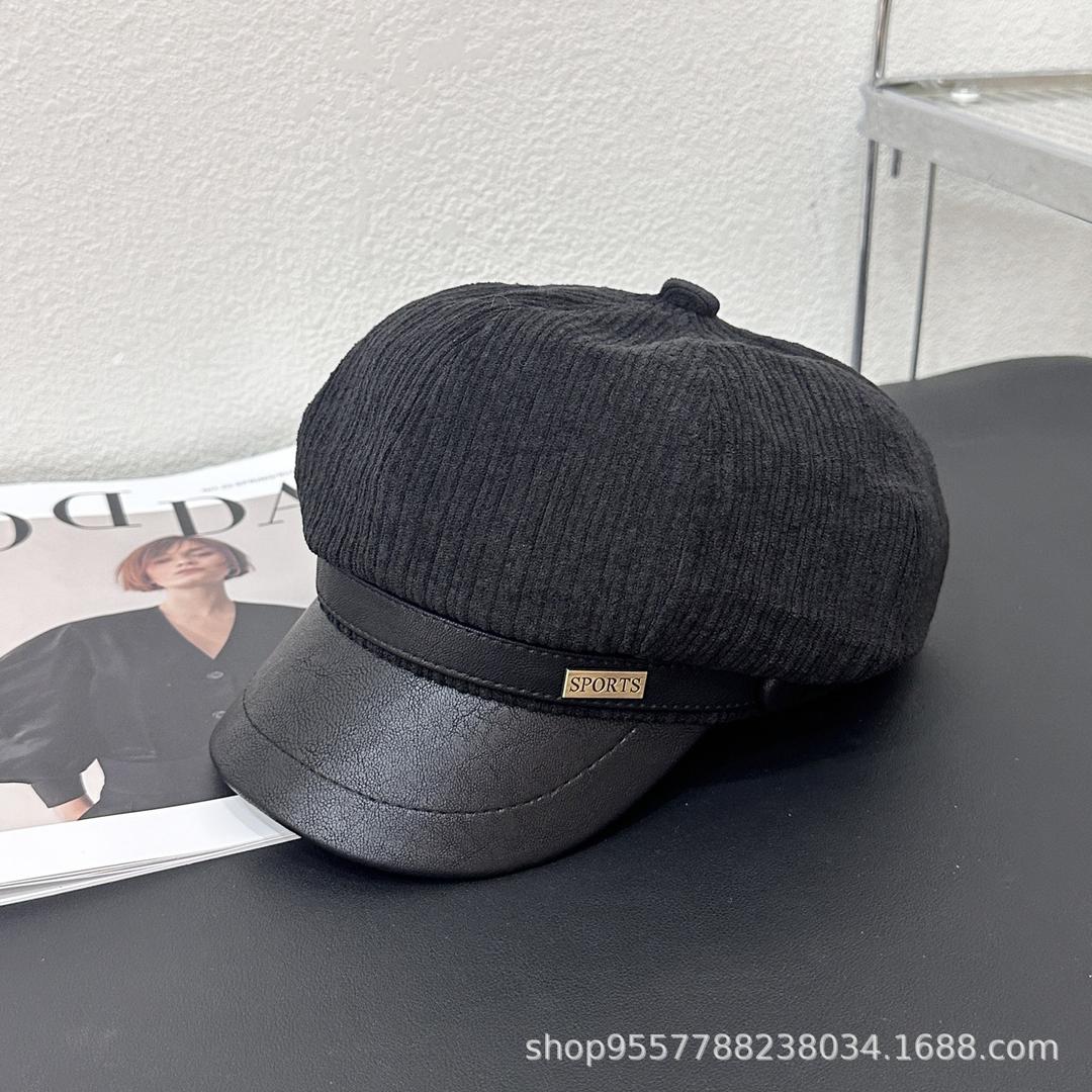 Black Ribbed Knit Cap with Faux‑Leather Brim – Sports Tag Detail