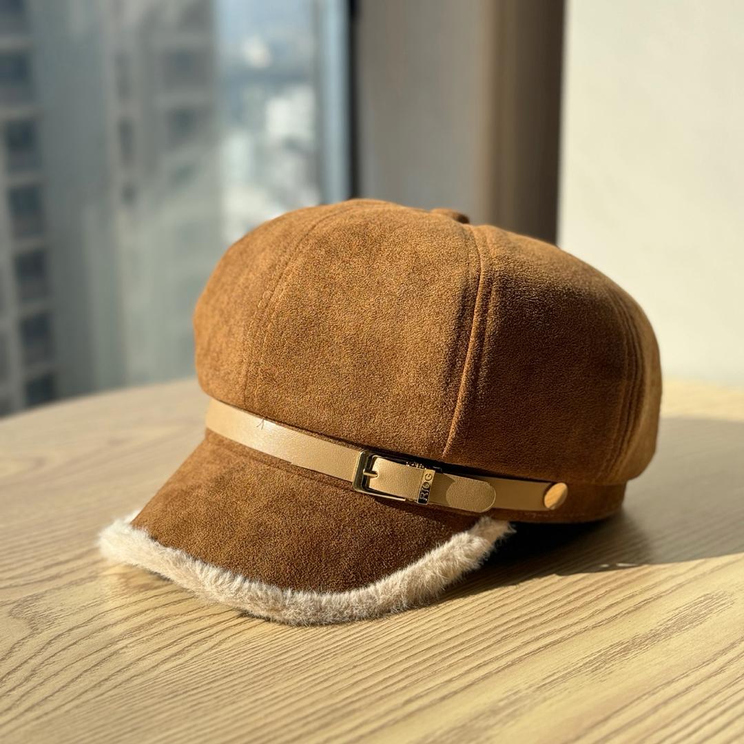Brown Suede Winter Cap with Faux‑Fur Brim | Leather Buckle Strap