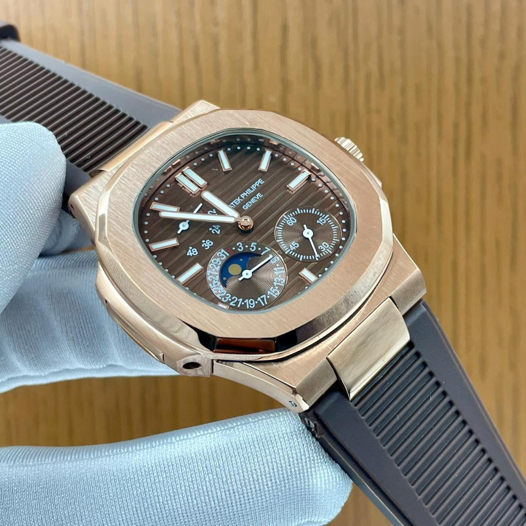 Patek Philippe Rose Gold Complication Watch – Brown Dial with Moon Phase & 24-Hour Subdial