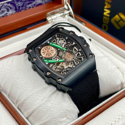 HANBORO Men's Skeleton Tonneau Watch | Black PVD Case