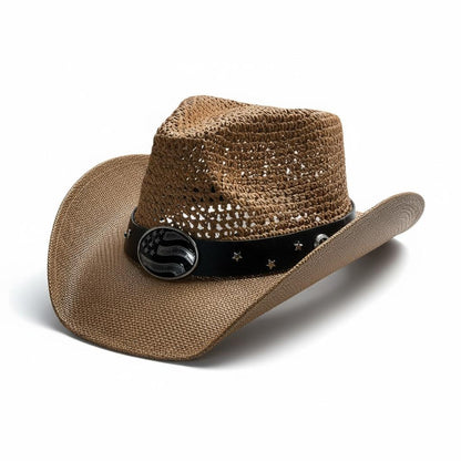 Tan Straw Cowboy Hat | Patriotic Flag Concho Design