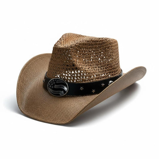 Tan Straw Cowboy Hat | Patriotic Flag Concho Design