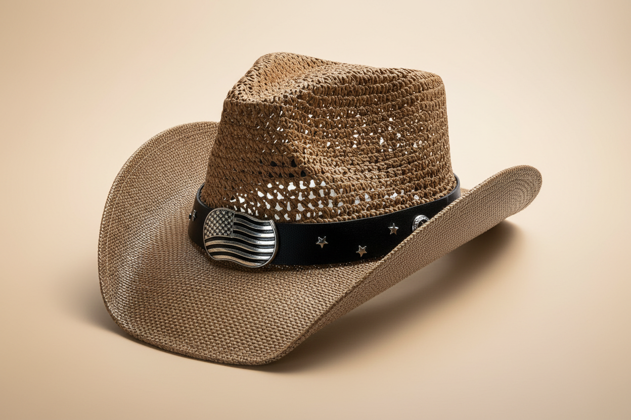 Tan Straw Cowboy Hat | Patriotic Flag Concho Design
