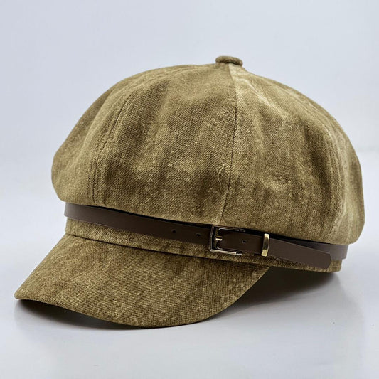 Unisex Khaki Wool Blend Newsboy Cap | Leather Accent