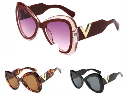Oversized “V” Detail Sunglasses – Burgundy, Tortoise & Black Frames