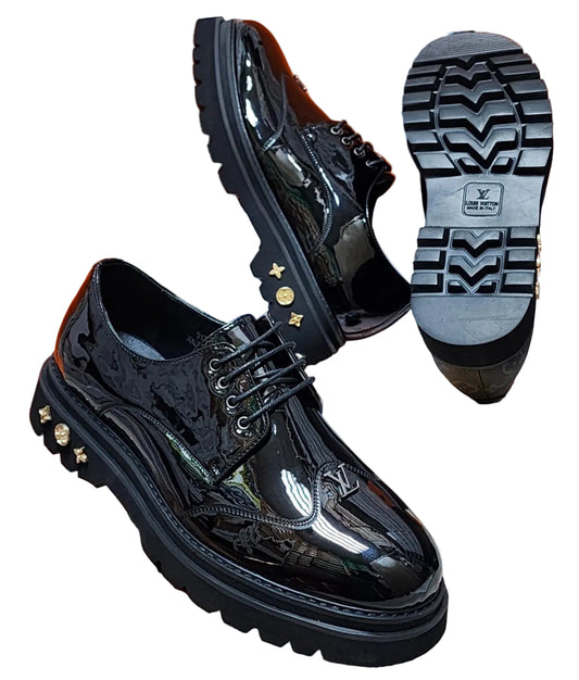 Glossy Black Studded Loafers with Gold Accents - Luxury Style Dress Shoes