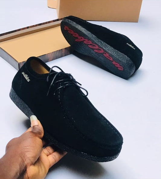 Clarks Wallabee Black Suede Moccasin – Red Sole Detail, Lace-Up Casual Shoe