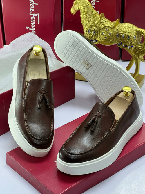Salvatore Ferragamo Brown Leather Tassel Loafers – White Sole Slip-On for Men