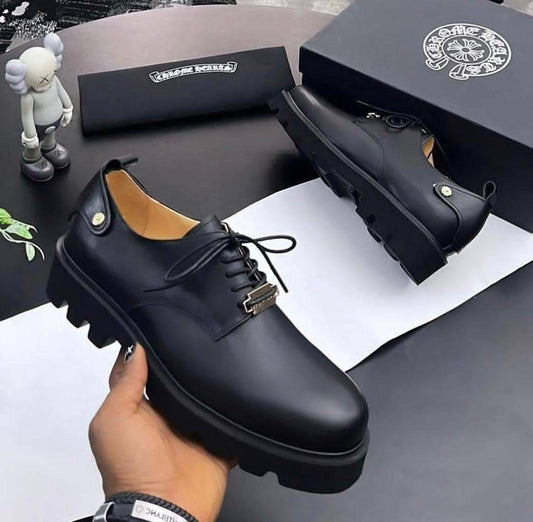 Chrome Hearts Black Leather Lace-Up Shoes – Rugged Sole with Metal Accents