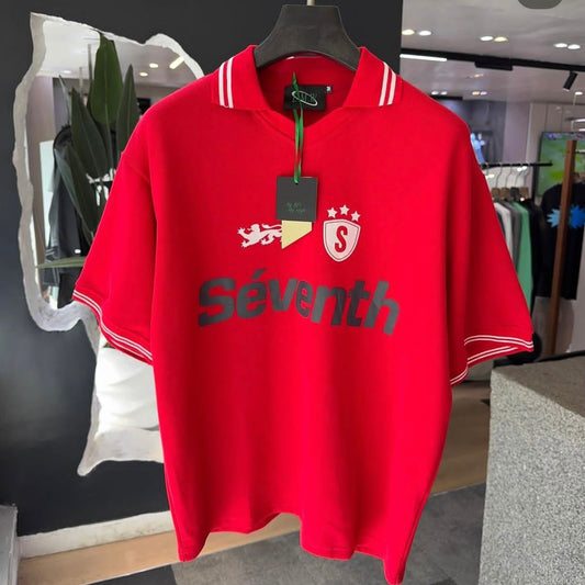 Séventh Red Graphic Polo Tee – Lion Crest & Striped Collar