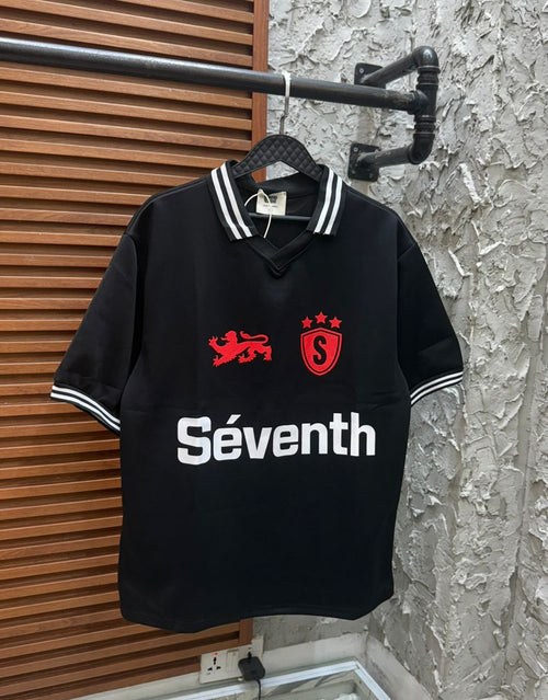 Séventh Black Graphic Polo Tee – Lion Crest & Striped Collar