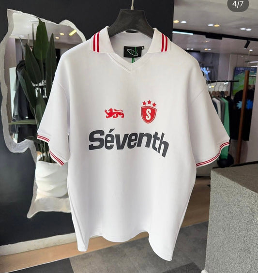 Séventh Whtie Graphic Polo Tee – Lion Crest & Striped Collar