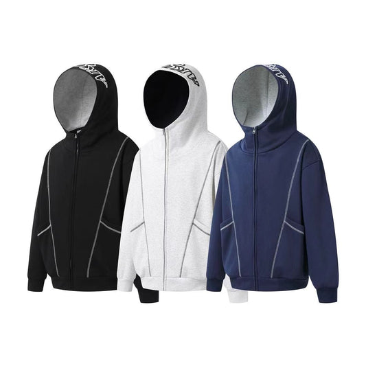 Contrast Stitch Zip‑Up Hoodie – Black, Gray & Navy Casualwear