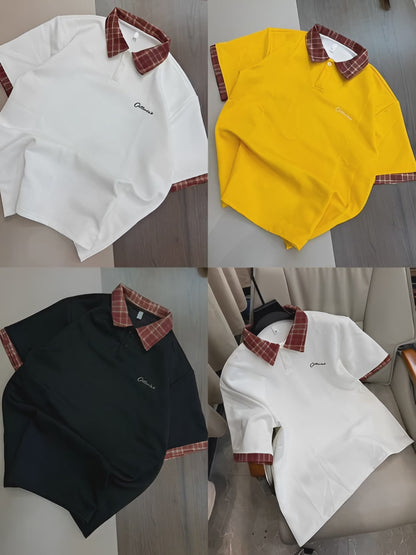 Men's Plaid Collar Oversized Polo Shirt - Streetwear Cotton Blend