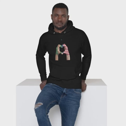 Nigerian American Heart Hands Hoodie | Nigeria USA Flag Unity Sweatshirt | African Heritage Pride Pullover | Cultural Diaspora Graphic Hoodie