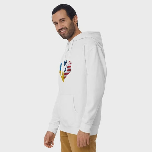 Ukraine USA Heart Hands Hoodie | Ukrainian American Flag Unity Sweatshirt | Stand With Ukraine Pride Pullover | Support Ukraine Heart Graphic Hoodie