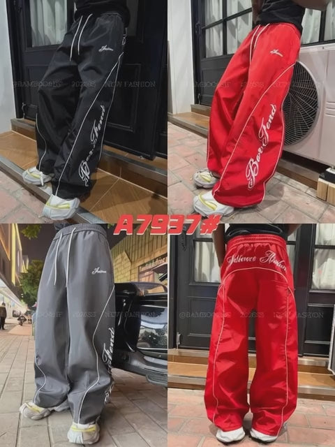 Bon Fond Embroidered Wide Leg Nylon Track Pants 2026SS Streetwear Joggers