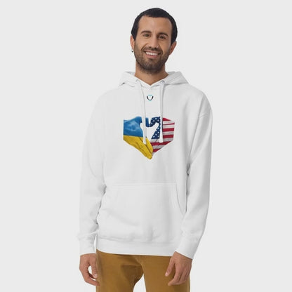 Ukraine USA Heart Hands Hoodie | Ukrainian American Flag Unity Sweatshirt | Stand With Ukraine Pride Pullover | Support Ukraine Heart Graphic Hoodie