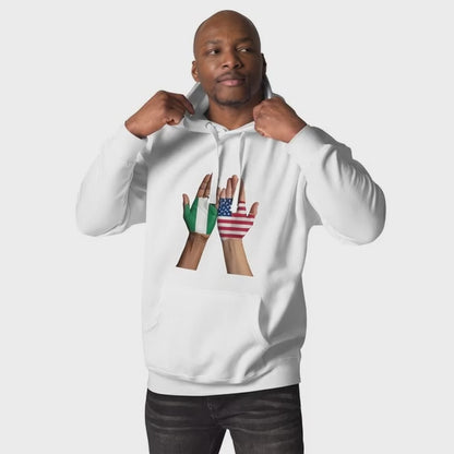 Nigerian American Heart Hands Hoodie | Nigeria USA Flag Unity Sweatshirt | African Heritage Pride Pullover | Cultural Diaspora Graphic Hoodie