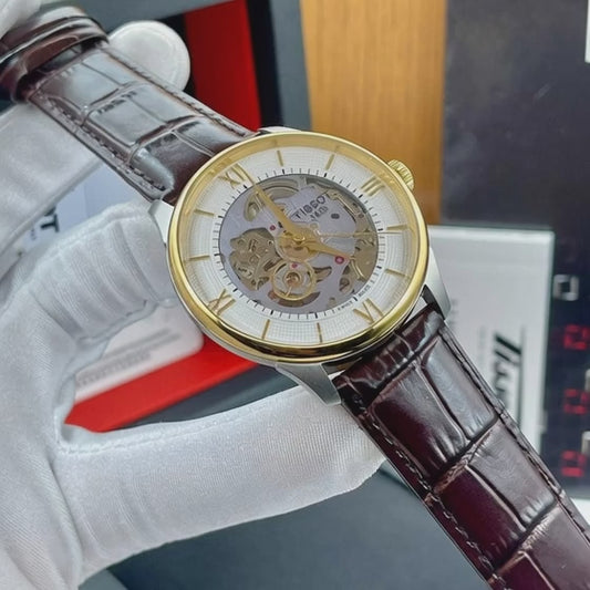Tissot 1853 Le Locle Powermatic 80 Open Heart Two-Tone Watch - Gold & Steel Case, Brown Alligator Strap, Roman Numerals, Automatic Skeleton Dial