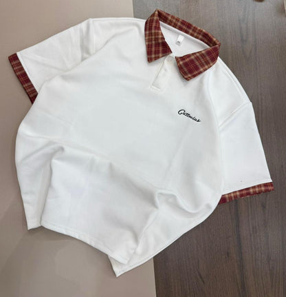 Men's Plaid Collar Oversized Polo Shirt - Streetwear Cotton Blend