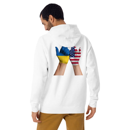 Ukraine USA Heart Hands Hoodie | Ukrainian American Flag Unity Sweatshirt | Stand With Ukraine Pride Pullover | Support Ukraine Heart Graphic Hoodie