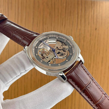 Patek Philippe Inspired Skeleton Openworked Watch - Stainless Steel Case, Brown Alligator Strap, Blue Hands, Exhibition Movement