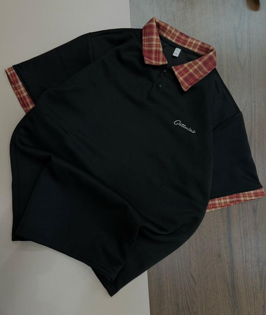 Men's Plaid Collar Oversized Polo Shirt - Streetwear Cotton Blend