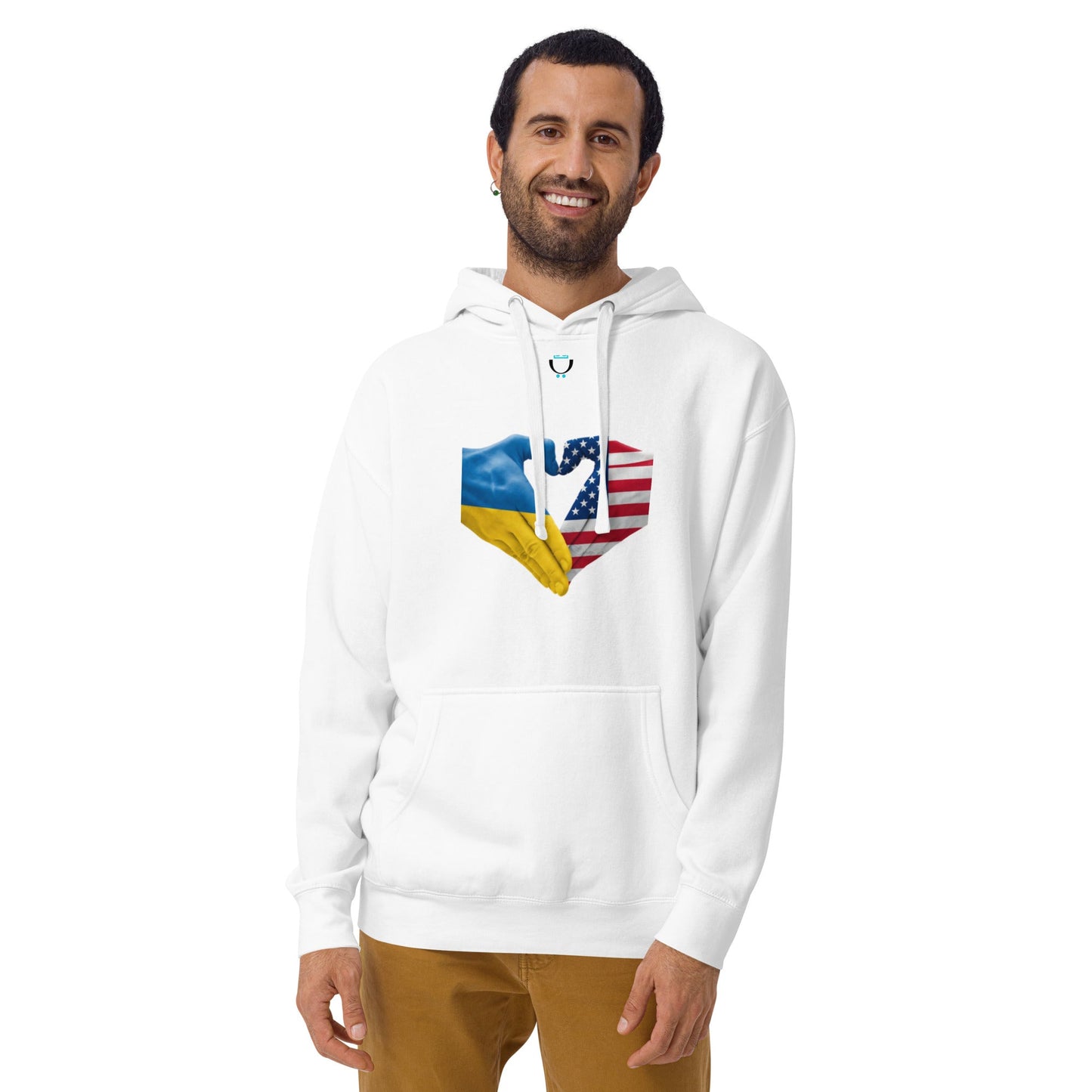 Ukraine USA Heart Hands Hoodie | Ukrainian American Flag Unity Sweatshirt | Stand With Ukraine Pride Pullover | Support Ukraine Heart Graphic Hoodie