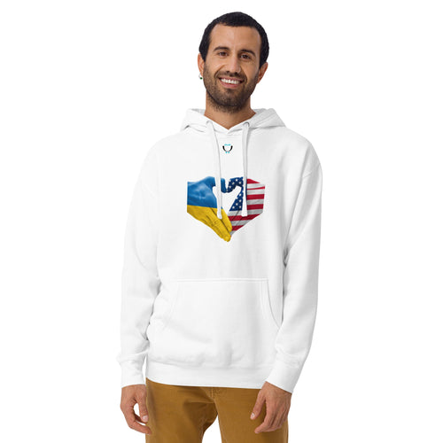 Ukraine USA Heart Hands Hoodie | Ukrainian American Flag Unity Sweatshirt | Stand With Ukraine Pride Pullover | Support Ukraine Heart Graphic Hoodie