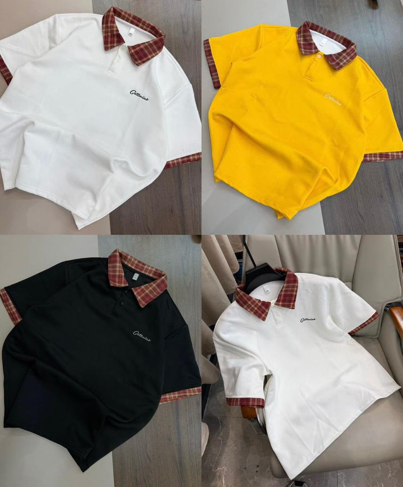 Men's Plaid Collar Oversized Polo Shirt - Streetwear Cotton Blend